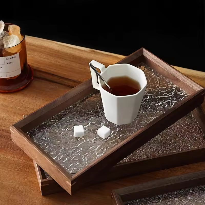 Quince Blossom Glass Tray Thickened Walnut Wood Storage Tray