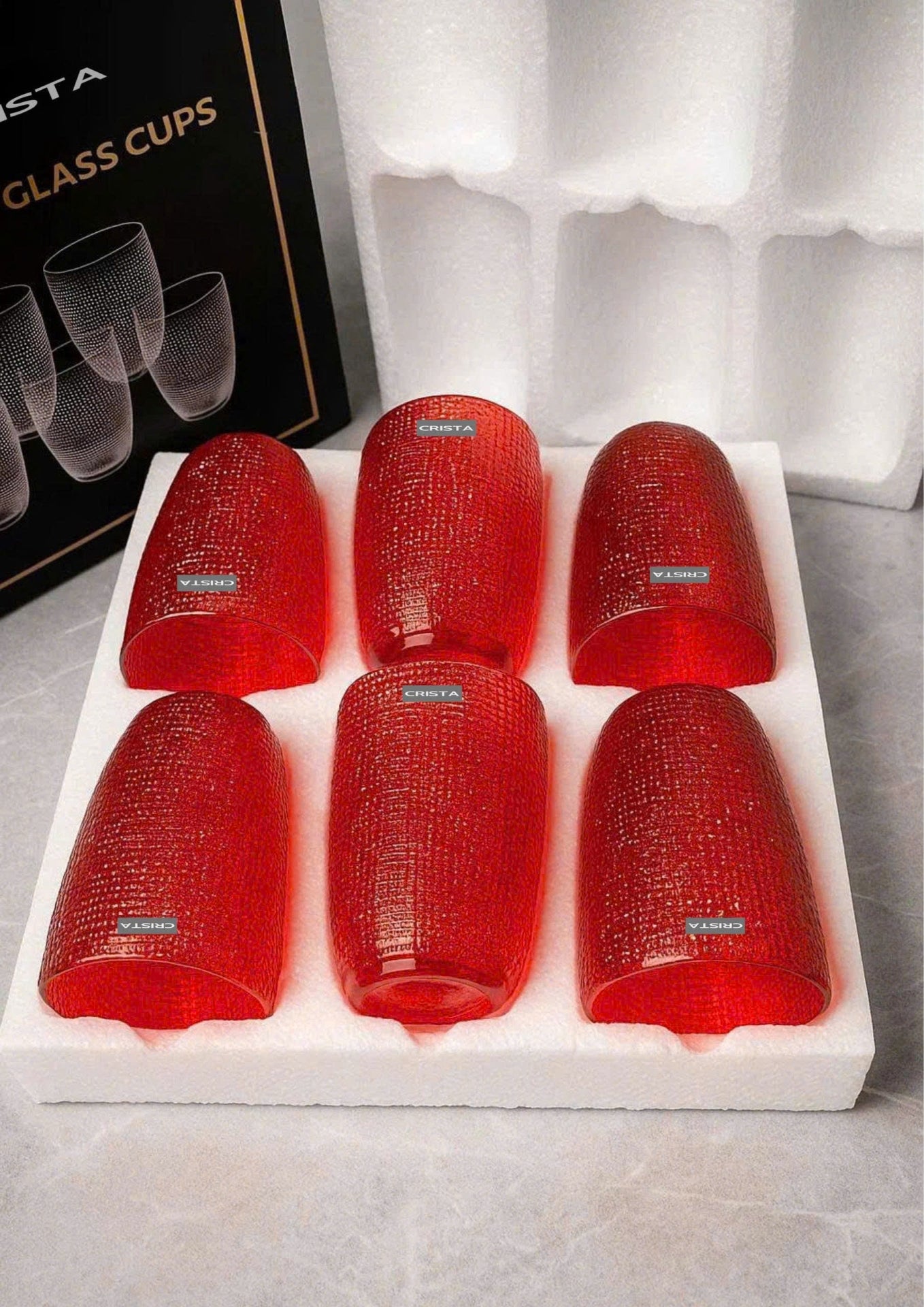 RED 420ML EMBOSSED MESH GLASS CUP SET