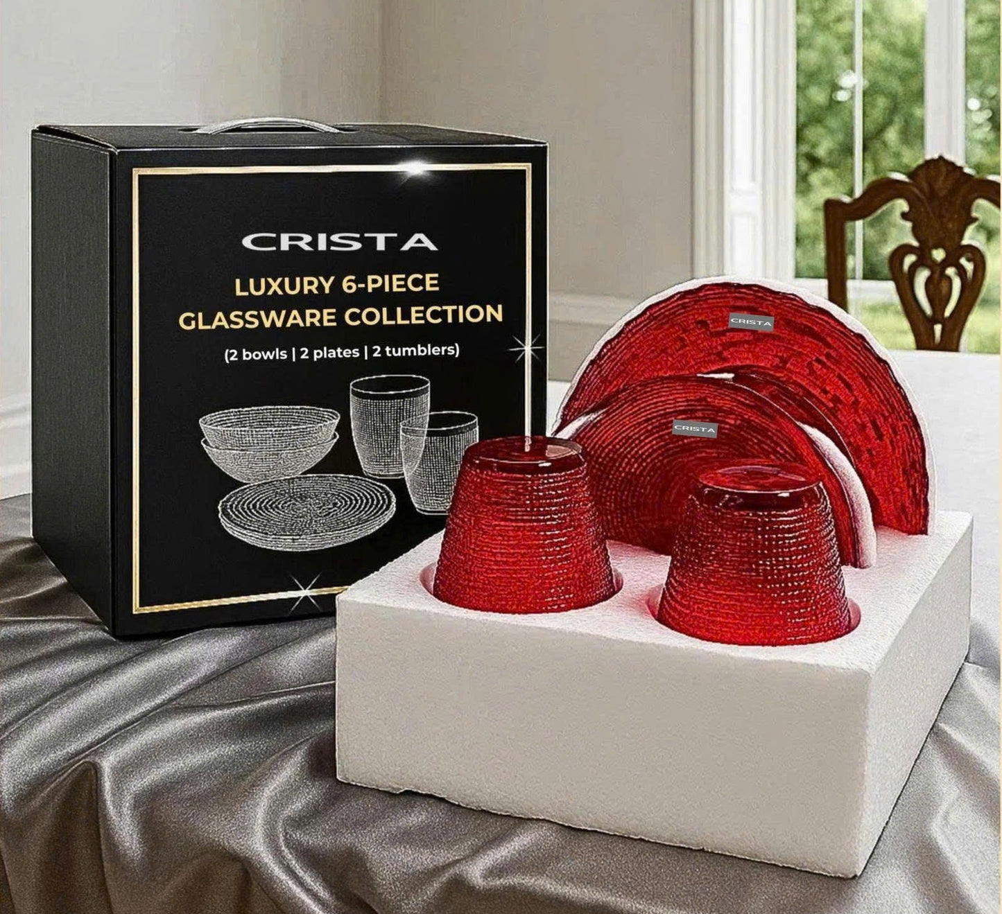 SET OF 6 RED EMBOSSED MESH-PATTERNED GLASSWARE