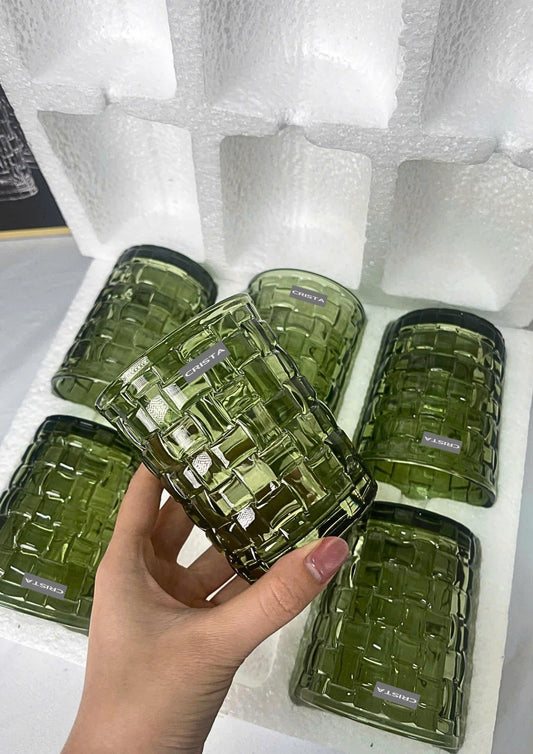 SET OF 6 CHECKERED PATTERNED GLASS CUPS – GREEN