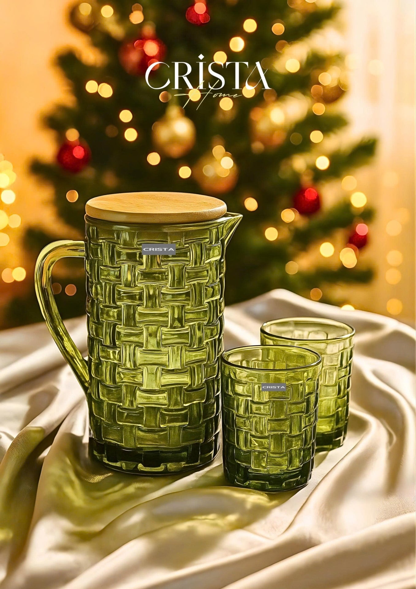 CHECKERED GLASS VASE WITH BAMBOO LID - GREEN