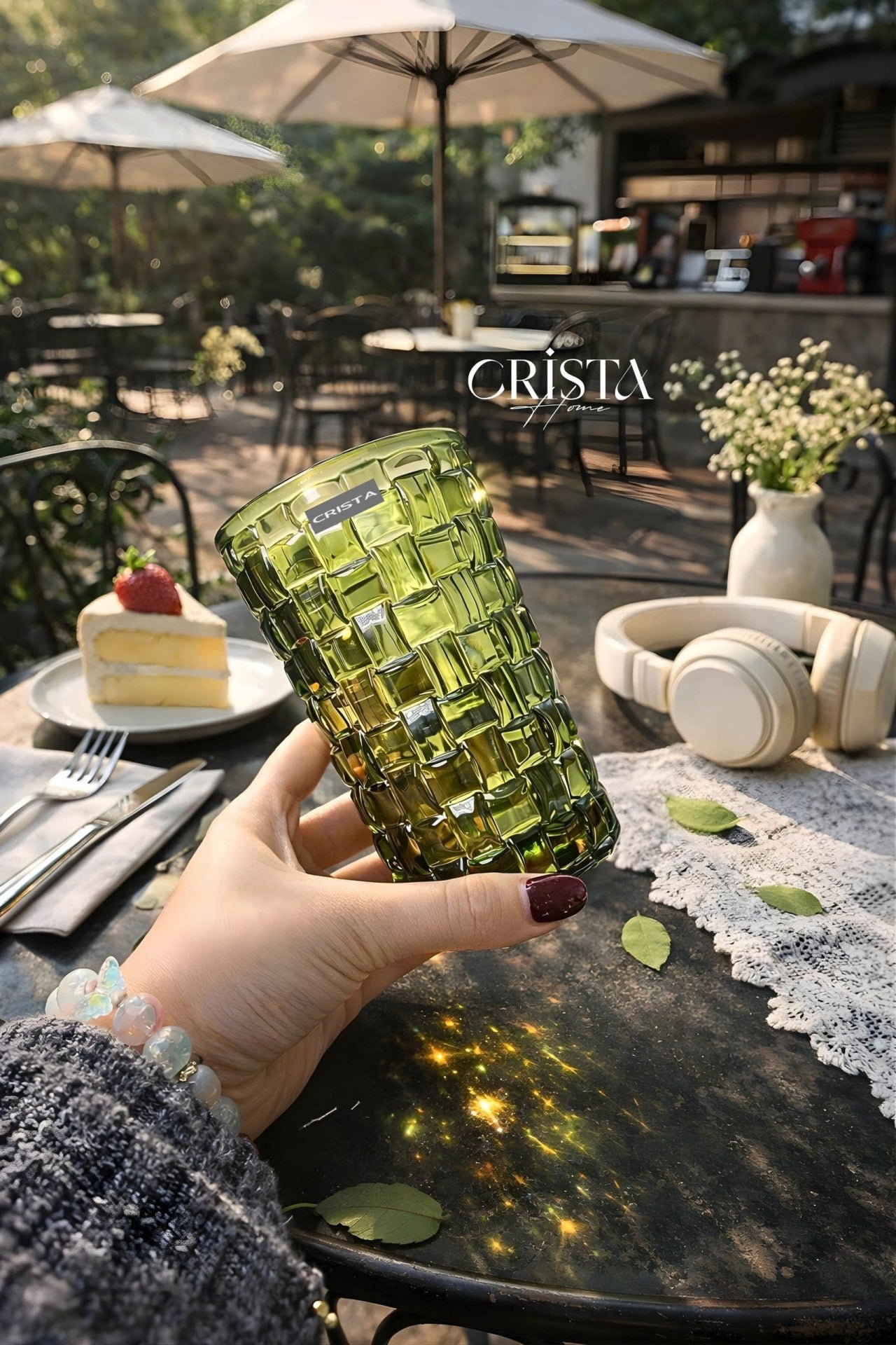 Set of 6 Crista Home Tall Glass Cups in Green with Checkered Pattern, 350ml