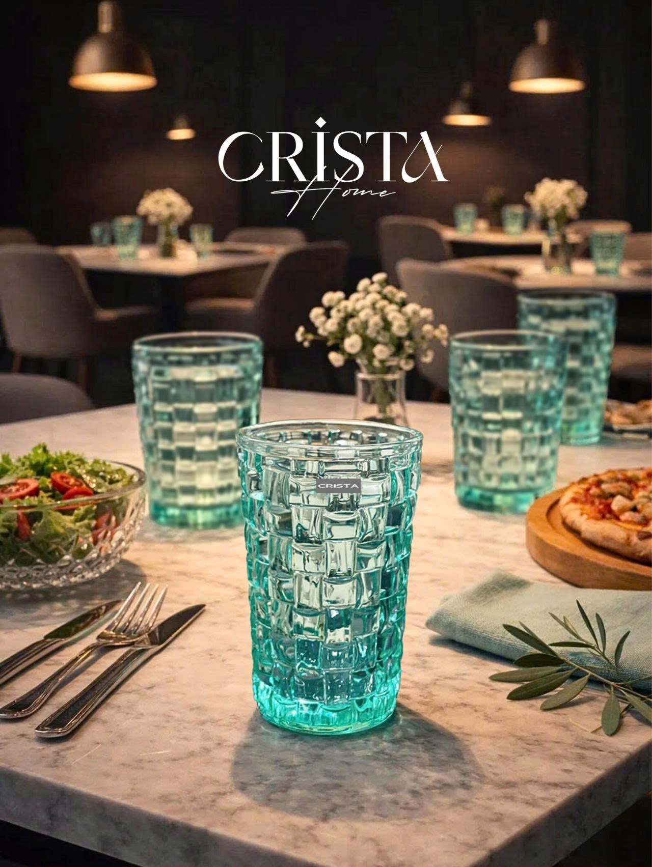 Set of 6 CRISTA HOME Tall Glass Cups in Mint Green with Checkered Pattern, 350ml