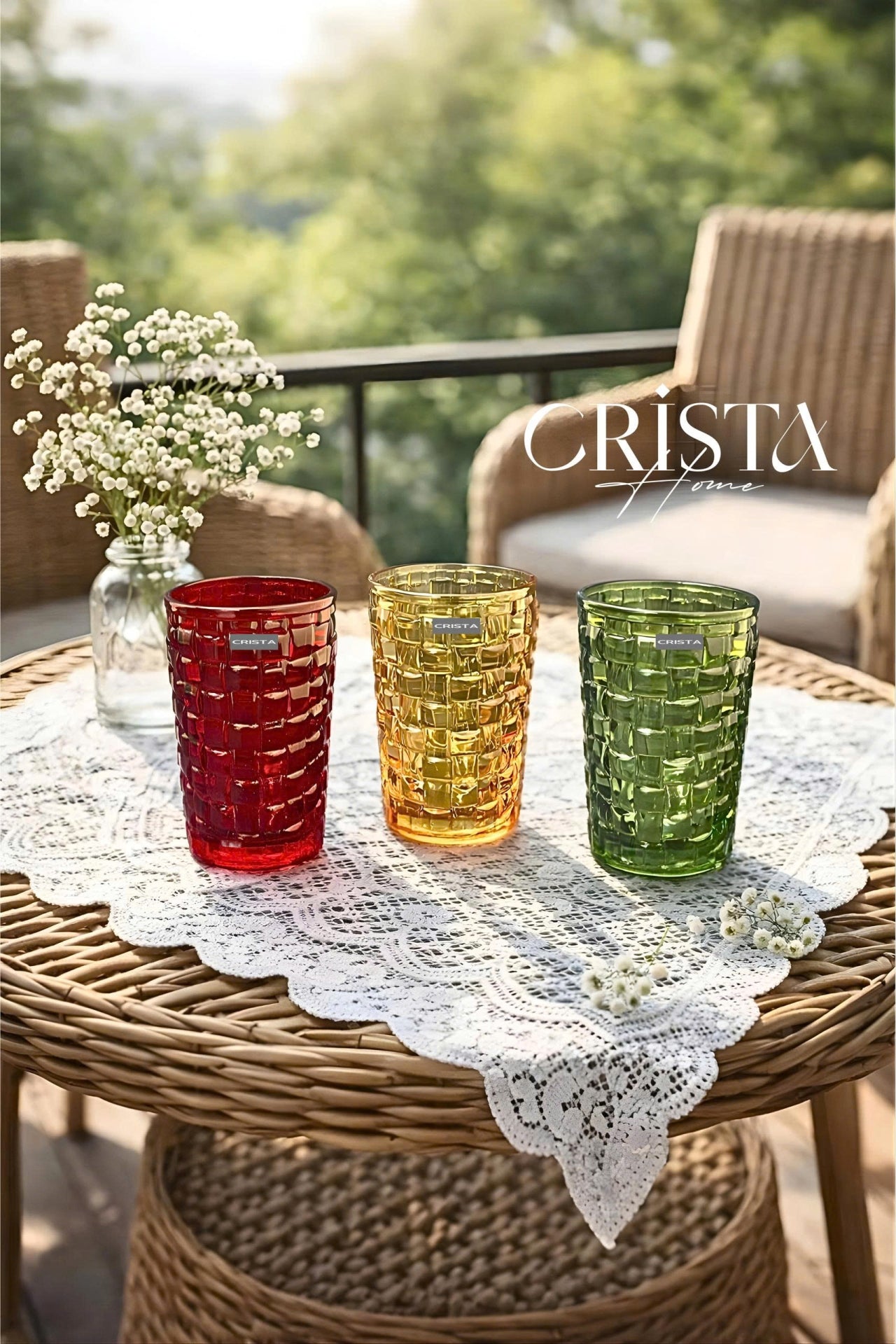 Set of 6 Crista Home Tall Glass Cups, Mixed Colors, Checkered Pattern, 350ml