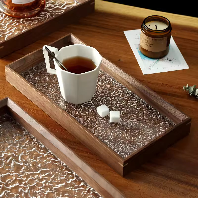 Quince Blossom Glass Tray Thickened Walnut Wood Storage Tray