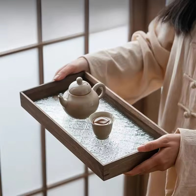 Quince Blossom Glass Tray Thickened Walnut Wood Storage Tray