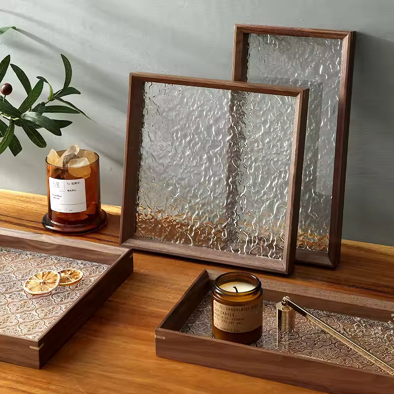 Quince Blossom Glass Tray Thickened Walnut Wood Storage Tray