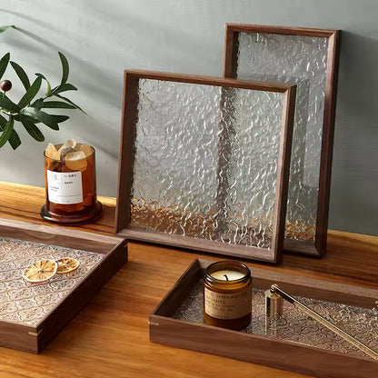 Quince Blossom Glass Tray Thickened Walnut Wood Storage Tray