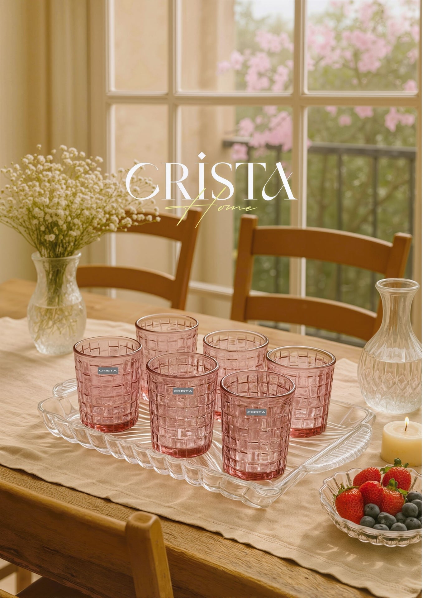 SET OF 6 CHECKERED PATTERNED GLASS CUPS – PINK