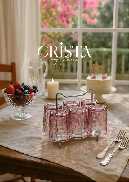 SET OF 6 CHECKERED PATTERNED GLASS CUPS – PINK