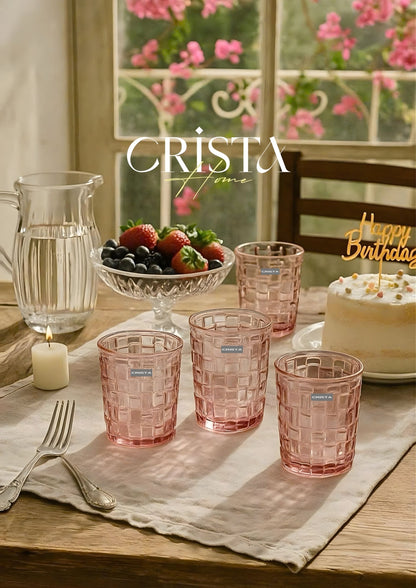 SET OF 6 CHECKERED PATTERNED GLASS CUPS – PINK