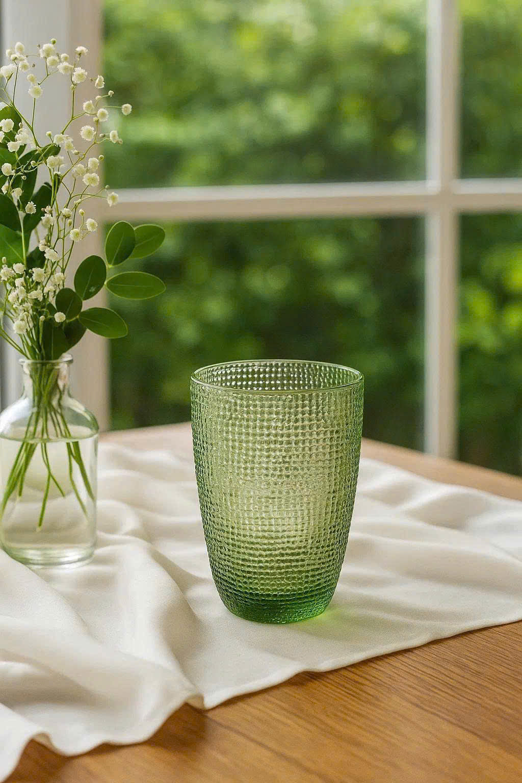 SET OF 420ML GREEN EMBOSSED MESH GLASS CUPS
