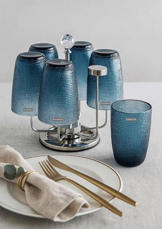 SET OF 420ML BLUE EMBOSSED MESH GLASS CUPS