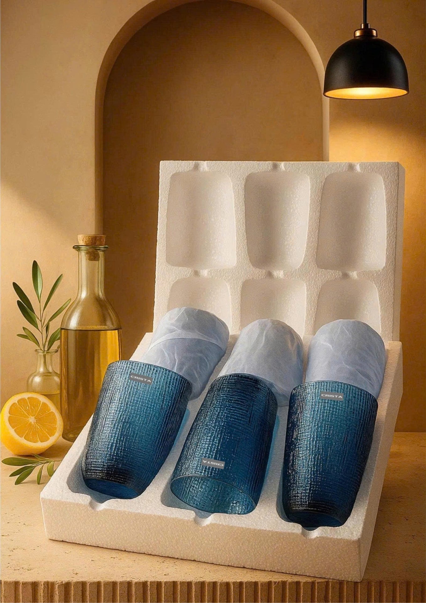 SET OF 420ML BLUE EMBOSSED MESH GLASS CUPS