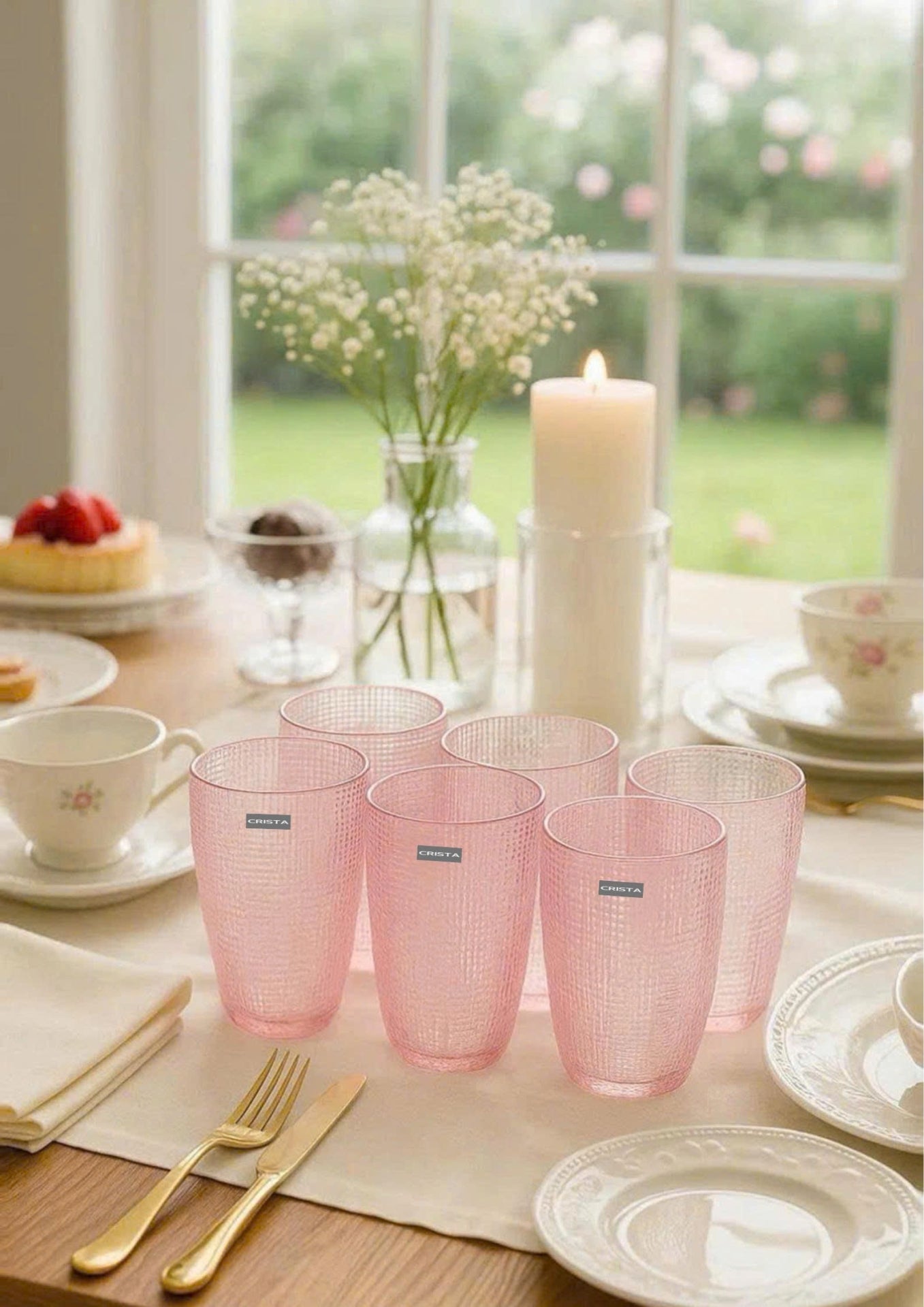 PINK 420ML EMBOSSED MESH GLASS CUP SET
