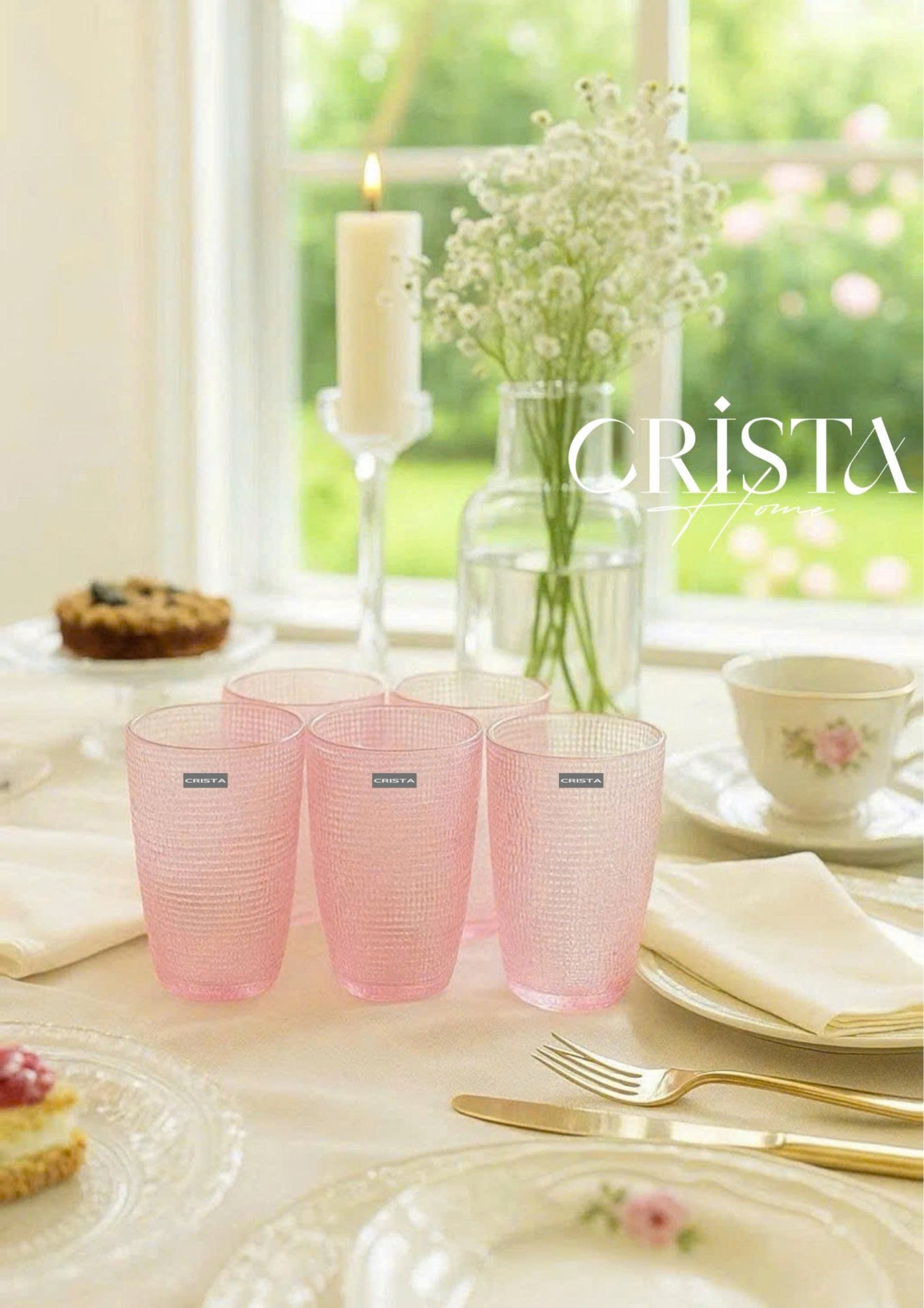 PINK 420ML EMBOSSED MESH GLASS CUP SET