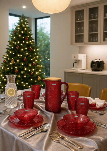 SET OF 6 RED EMBOSSED MESH-PATTERNED GLASSWARE