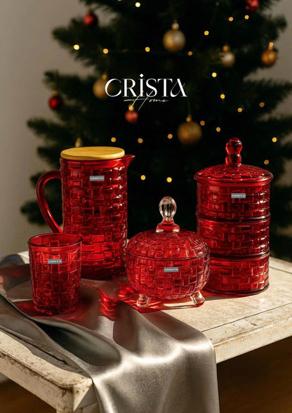 SET OF 6 CHECKERED GLASS CUPS – RUBY RED