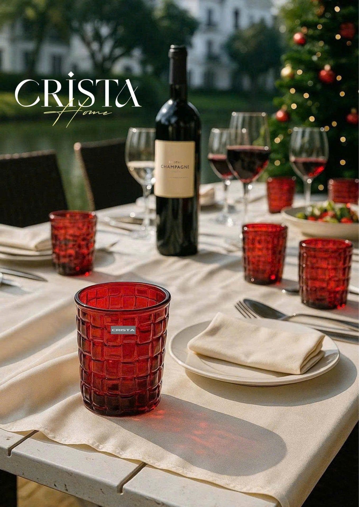 SET OF 6 CHECKERED GLASS CUPS – RUBY RED