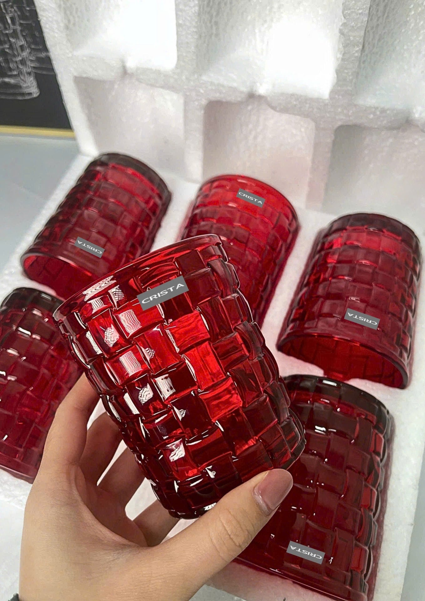 SET OF 6 CHECKERED GLASS CUPS – RUBY RED