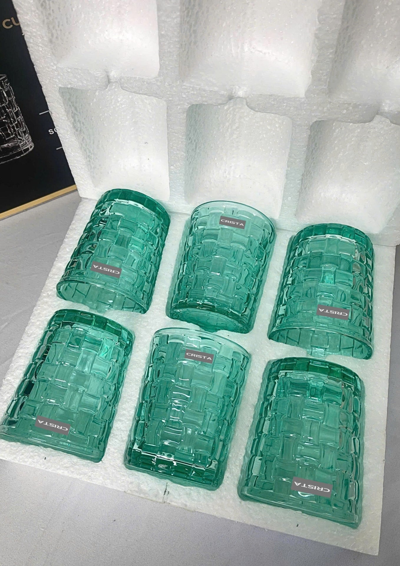 SET OF 6 CHECKERED PATTERNED GLASS CUPS – TURQUOISE