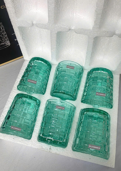 SET OF 6 CHECKERED PATTERNED GLASS CUPS – TURQUOISE