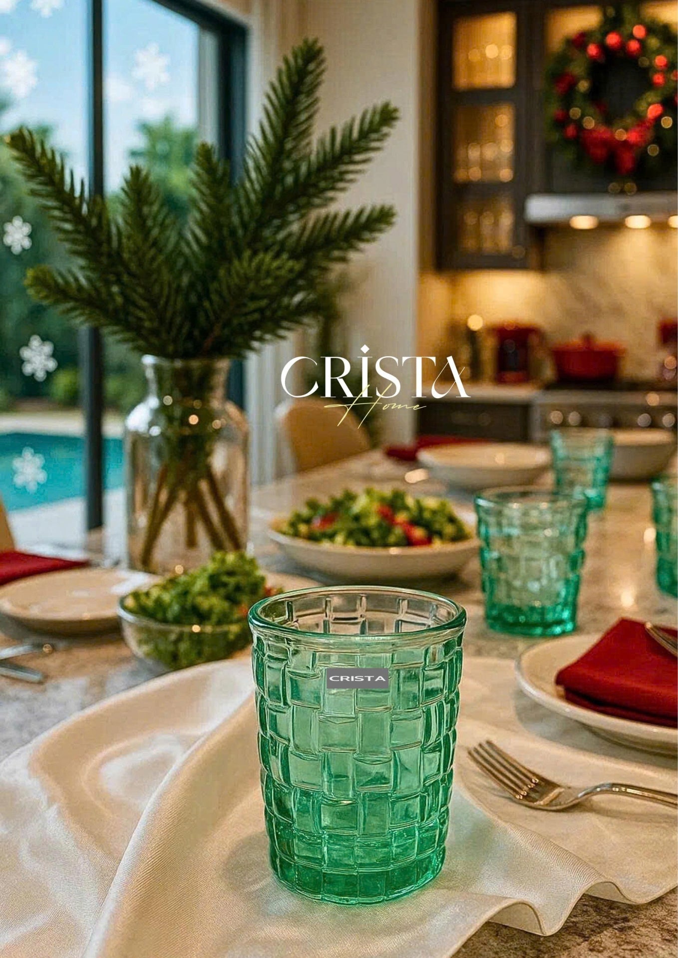 SET OF 6 CHECKERED PATTERNED GLASS CUPS – TURQUOISE