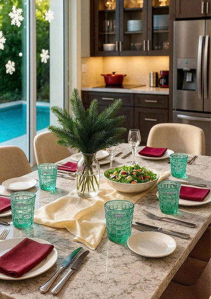 SET OF 6 CHECKERED PATTERNED GLASS CUPS – TURQUOISE