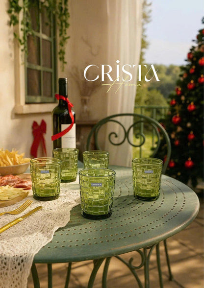 SET OF 6 CHECKERED PATTERNED GLASS CUPS – GREEN