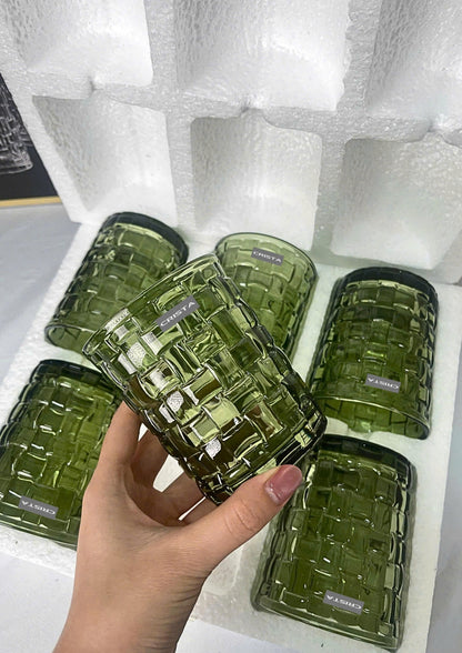 SET OF 6 CHECKERED PATTERNED GLASS CUPS – GREEN