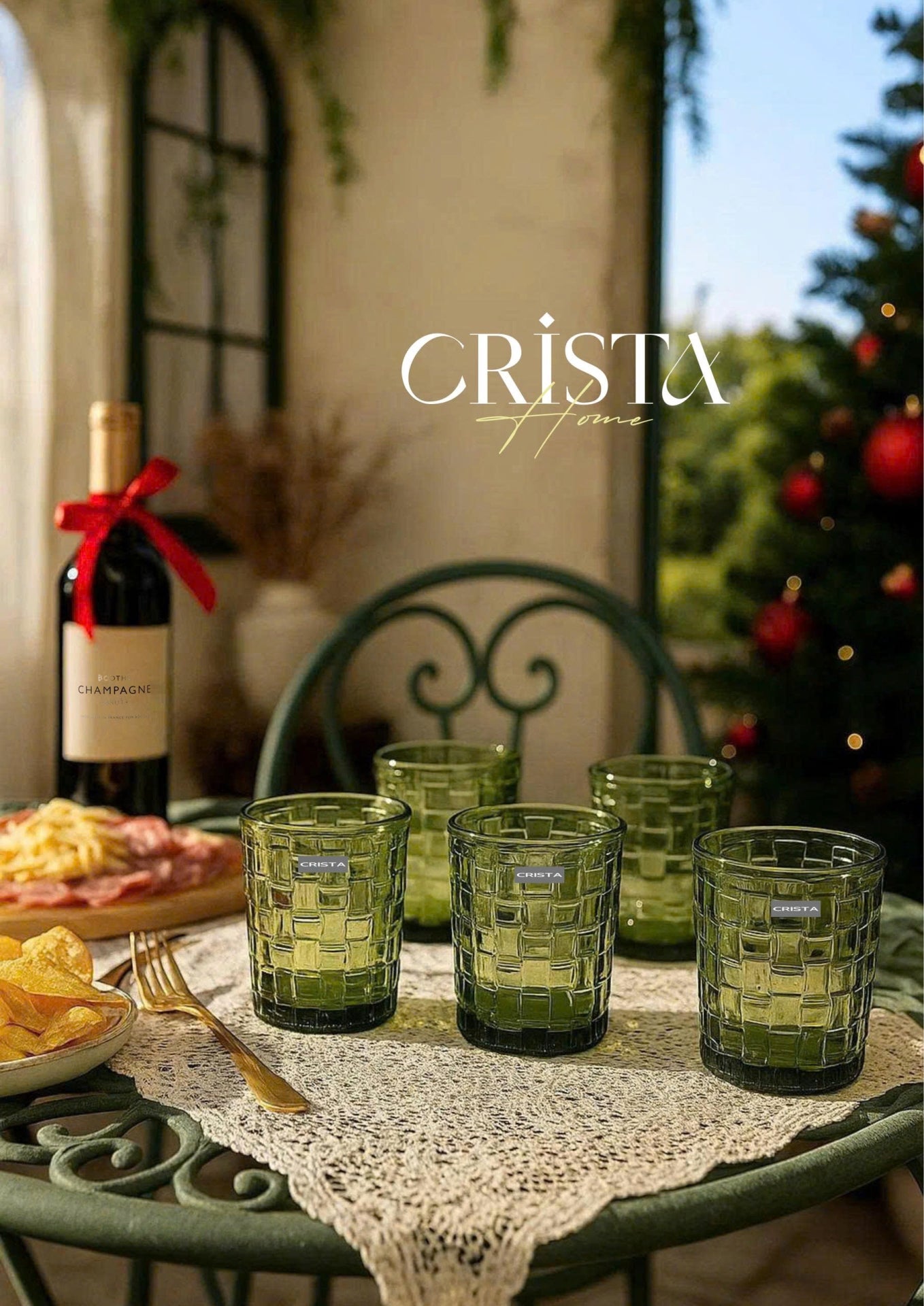 SET OF 6 CHECKERED PATTERNED GLASS CUPS – GREEN