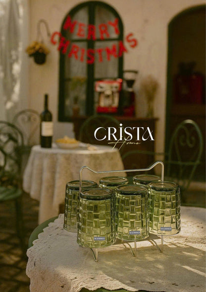 SET OF 6 CHECKERED PATTERNED GLASS CUPS – GREEN