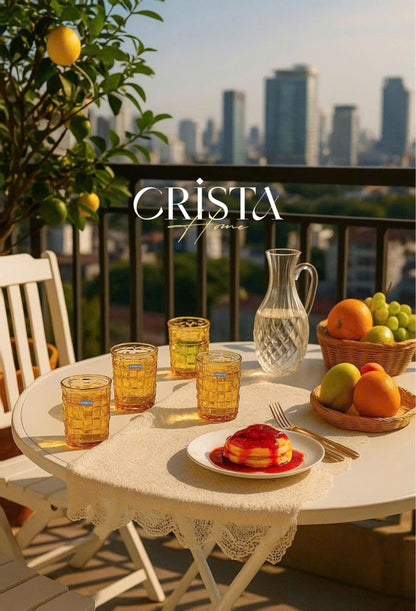 SET OF 6 CHECKERED PATTERNED GLASS CUPS – YELLOW