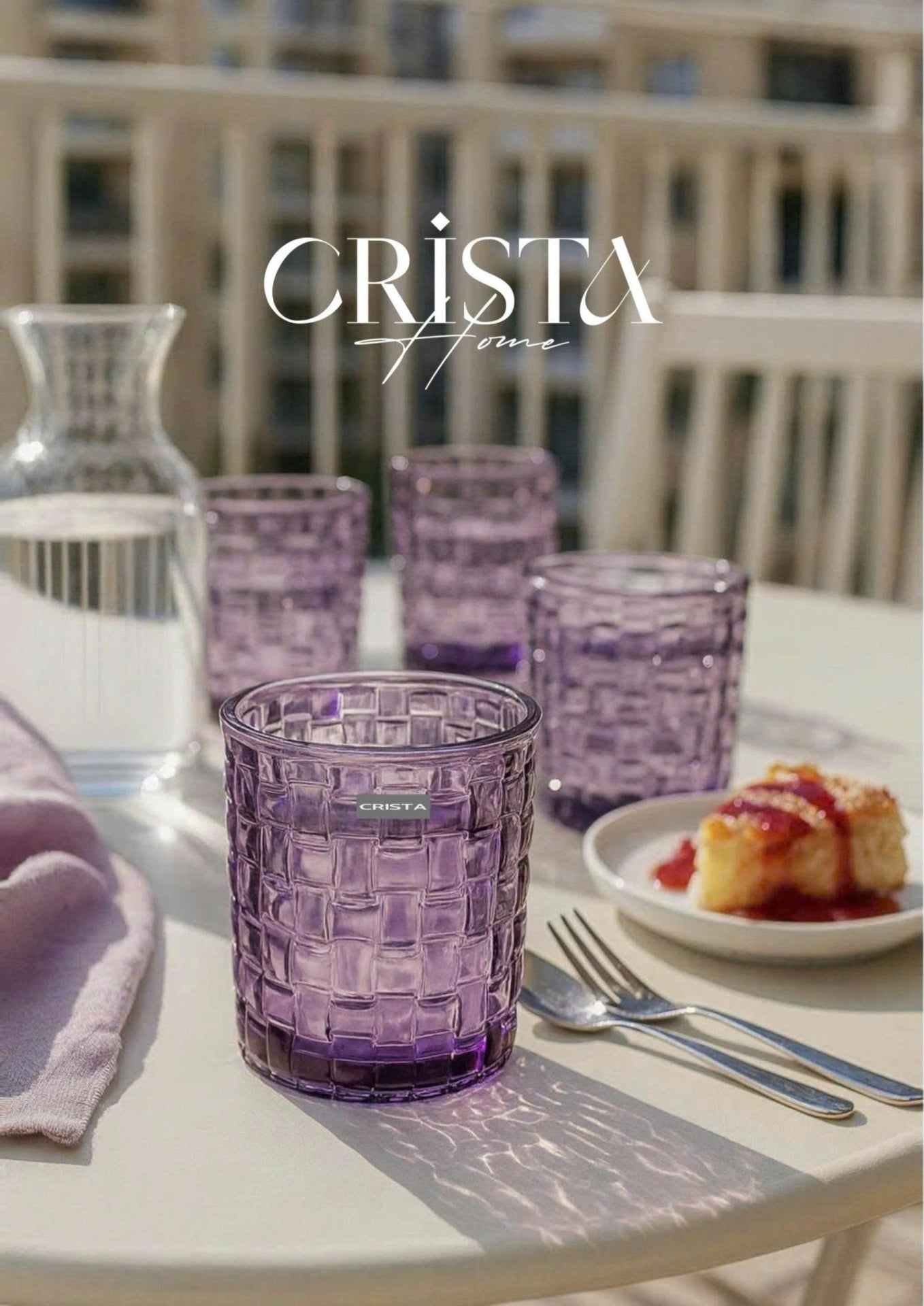 SET OF 6 CHECKERED PATTERNED GLASS CUPS – PURPLE