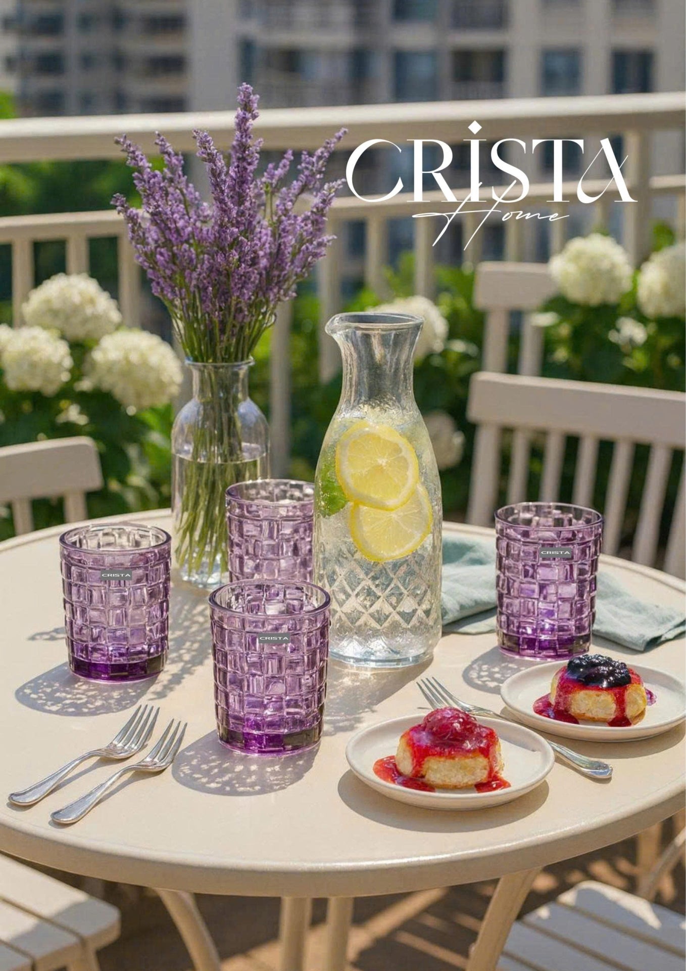 SET OF 6 CHECKERED PATTERNED GLASS CUPS – PURPLE