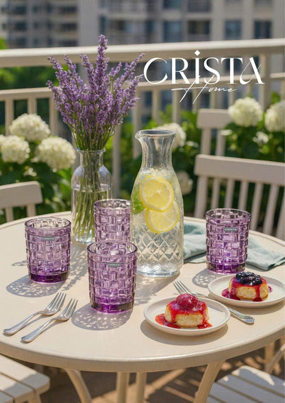 SET OF 6 CHECKERED PATTERNED GLASS CUPS – PURPLE