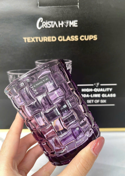 SET OF 6 CHECKERED PATTERNED GLASS CUPS – PURPLE