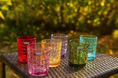 SET OF 6 CHECKERED PATTERNED GLASS CUPS – COLORFUL