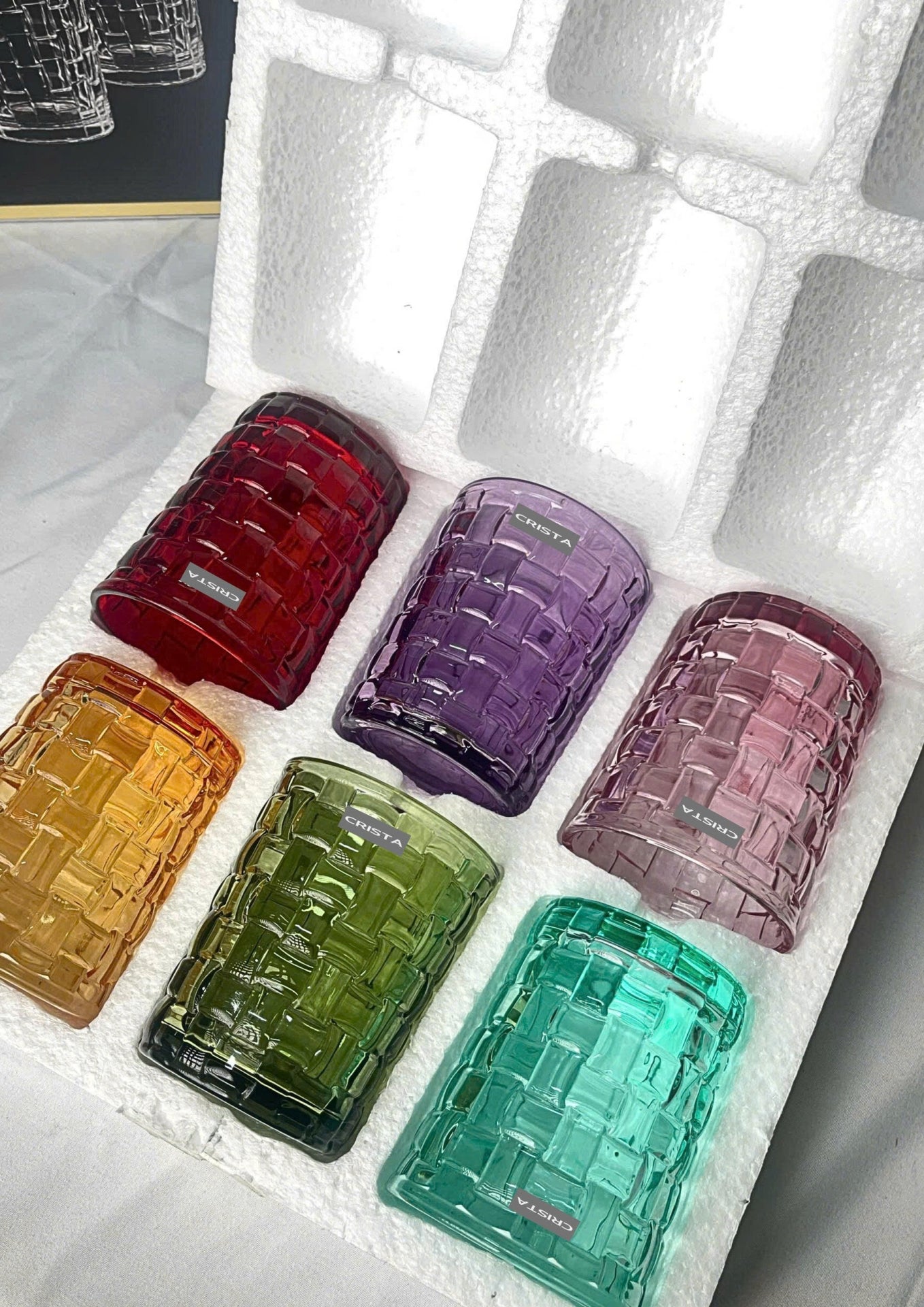SET OF 6 CHECKERED PATTERNED GLASS CUPS – COLORFUL
