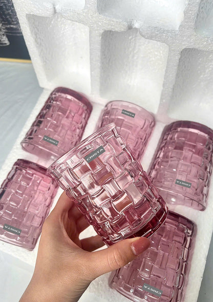 SET OF 6 CHECKERED PATTERNED GLASS CUPS – PINK