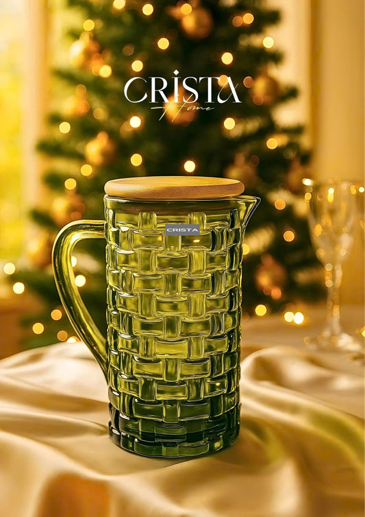 CHECKERED GLASS VASE WITH BAMBOO LID - GREEN