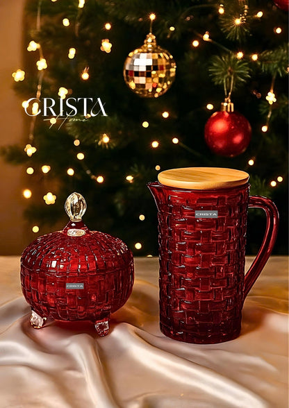 Checkered Glass Vase with Bamboo Lid - Red