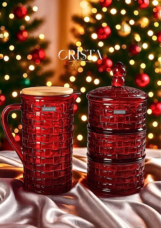 Checkered Glass Vase with Bamboo Lid - Red