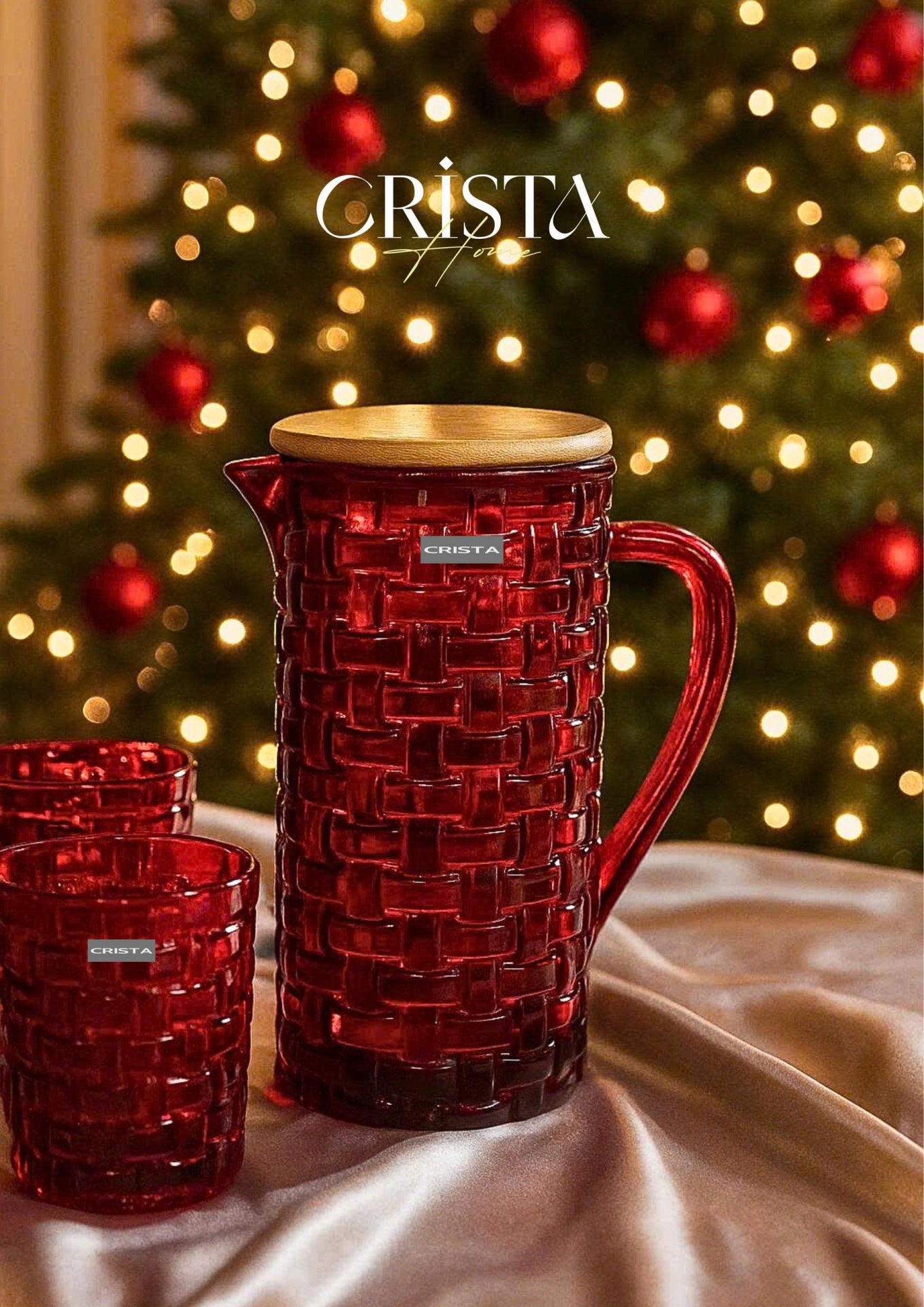 Checkered Glass Vase with Bamboo Lid - Red