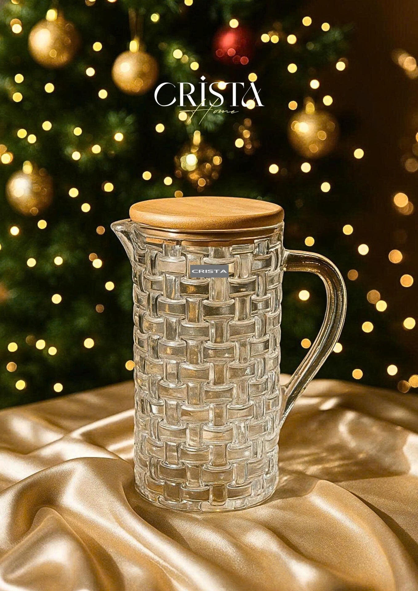 CHECKERED GLASS VASE WITH BAMBOO LID - TRANSPARENT COLOR