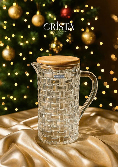 CHECKERED GLASS VASE WITH BAMBOO LID - TRANSPARENT COLOR