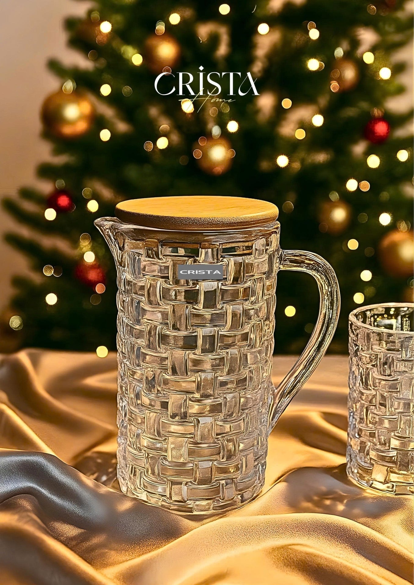 CHECKERED GLASS VASE WITH BAMBOO LID - TRANSPARENT COLOR