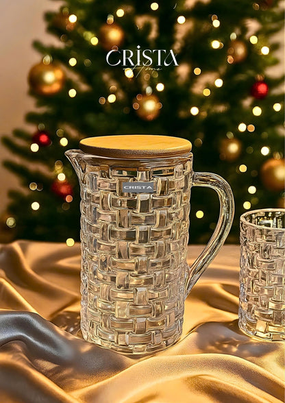 CHECKERED GLASS VASE WITH BAMBOO LID - TRANSPARENT COLOR