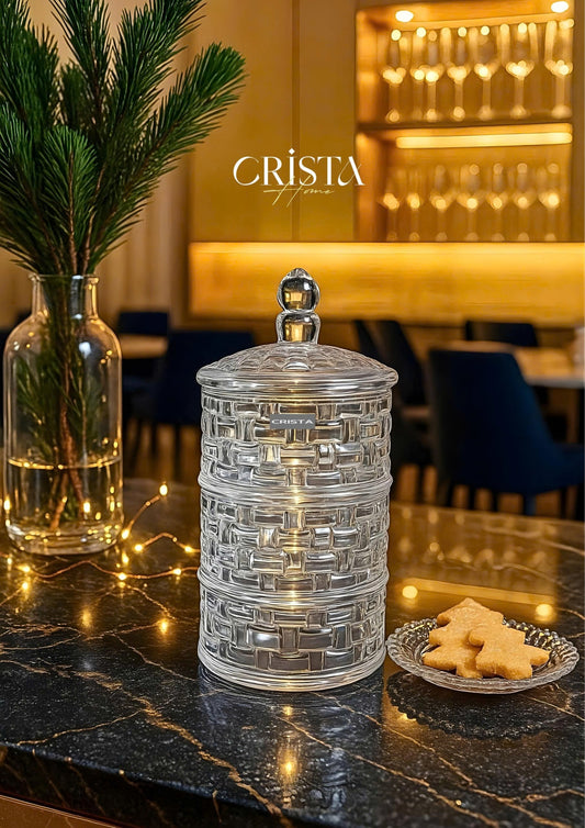 3-Tier Glass Jam Jar with Checkered Pattern - Transparent