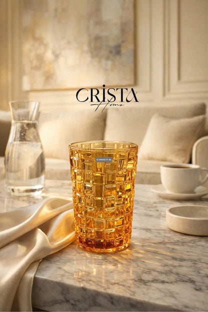 Set of 6 Crista Home Tall Glass Cups, Yellow Checkered Pattern, 350ml